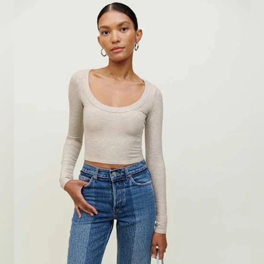 Reformation Paige Marble Gray Scoop Neck Ribbed Crop Top Long Sleeve Tee EUC S